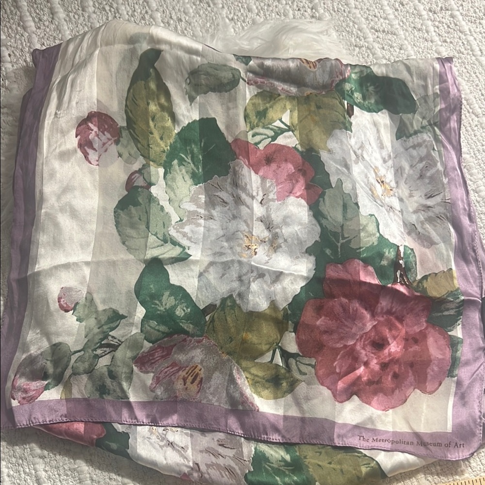 The Metropolitan Museum of Art Floral Silk Scarf Purple Border Women’s 17” X 61”
